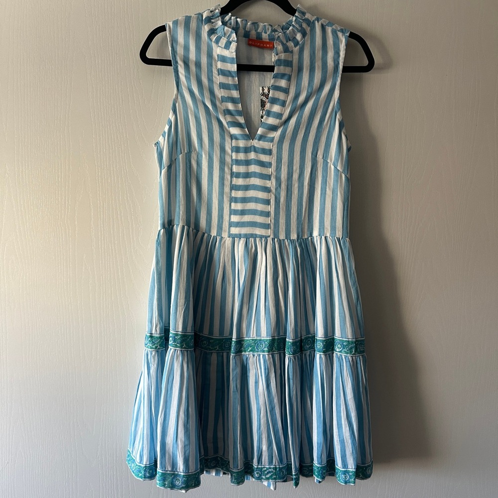 NWT Oliphant Nassau Blue Yoke Dress Size Small S Striped Ruffle Mini Resort